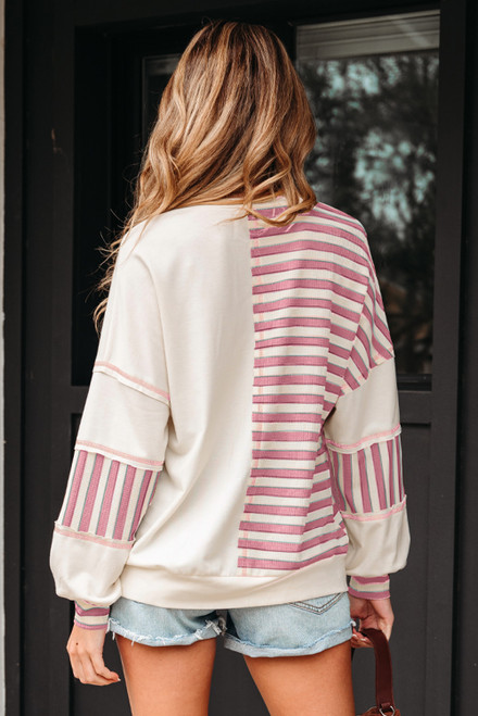 Pink Stripe Stitched Detail Color Block Patchwork Oversized Pullover Top