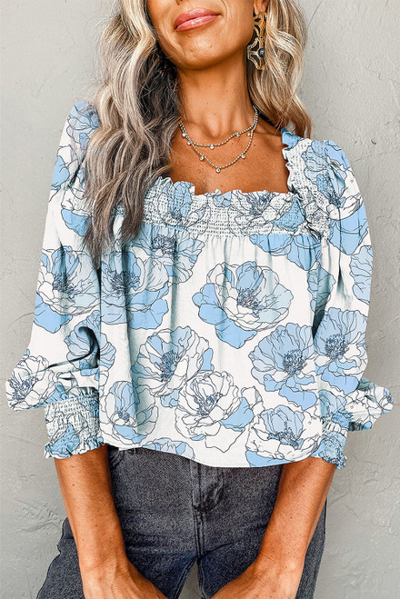 Sky Blue Floral Print Frilly Smocked Square Neck Long Sleeve Blouse Sky Blue Floral Print Frilly Smocked Square Neck Long Sleeve Blouse