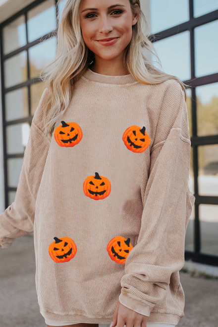 Apricot Twisted Rib Texture Chenille Halloween Pumpkin Patched Drop Shoulder Sweatshirt