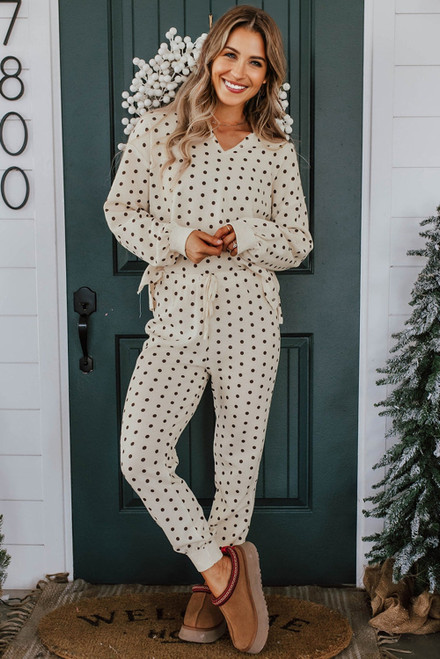 White Polka Dot Print Notched Neck Long Sleeve Top Drawstring Jogger Pants Waffle Knit Lounge Set