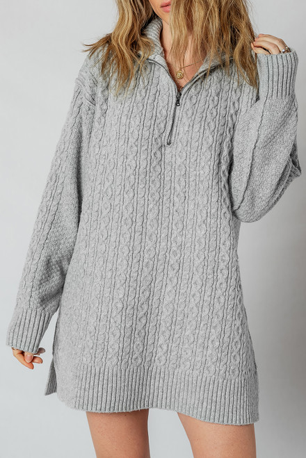 High Cable Knit Quarter Zip Ribbed Trim Loose Sweater Dress High Cable Knit Quarter Zip Ribbed Trim Loose Sweater Dress