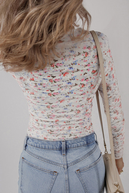 White Floral Print Textured Square Neck Slim Fit Long Sleeve Top