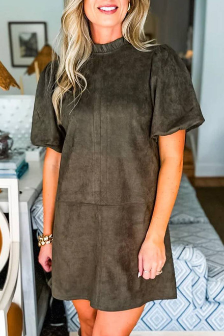 Moss Green Frilled Round Neck Short Puff Sleeve Shift Mini Dress Moss Green Frilled Round Neck Short Puff Sleeve Shift Mini Dress