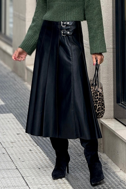 Black Faux Leather Retro Buckle Detail Pleated Stitch Flared Midi Skirt Black Faux Leather Retro Buckle Detail Pleated Stitch Flared Midi Skirt