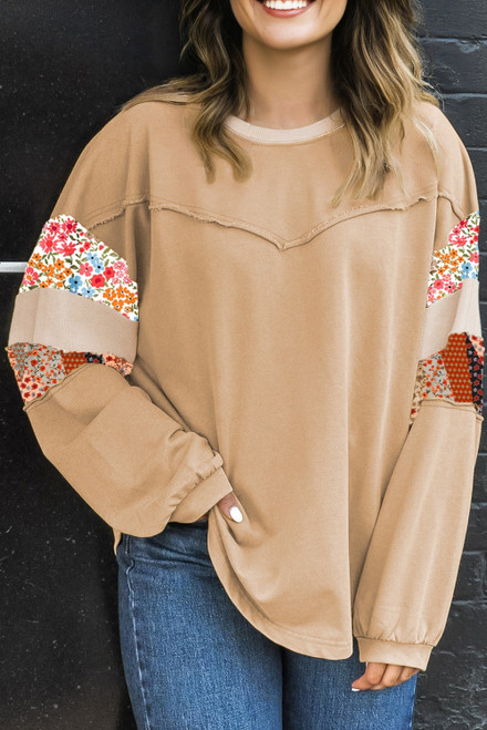 Khaki Exposed Seam Floral Mixed Patchwork Relaxed Plus Size Top
