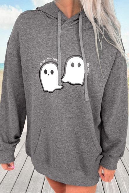 Dark Grey Cute Halloween Ghost Print Mineral Wash Oversize Hoodie