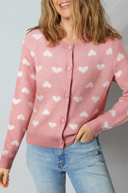 Light Pink Heart Pattern Button Front Cardigan Sweater