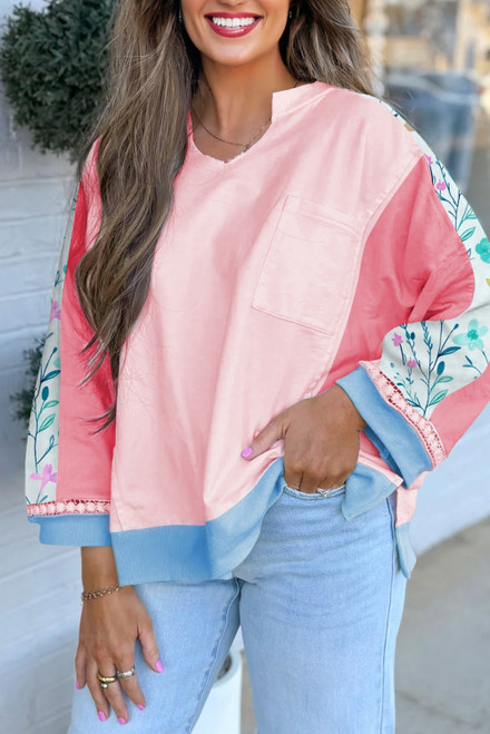 Light Pink Floral Colorblock Patchwork Chest Pocket Notched Neck Long Sleeve Top Light Pink Floral Colorblock Patchwork Chest Pocket Notched Neck Long Sleeve Top