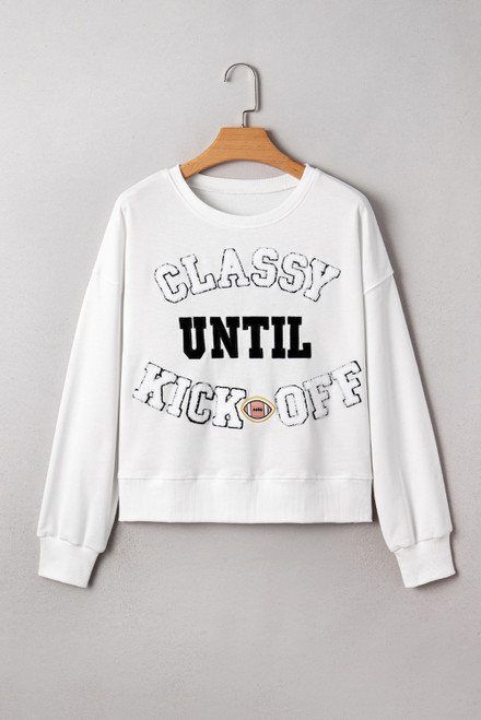 White CLASSY UNTIL KICKOFF Plush Letter Patched Loose Sweatshirt
