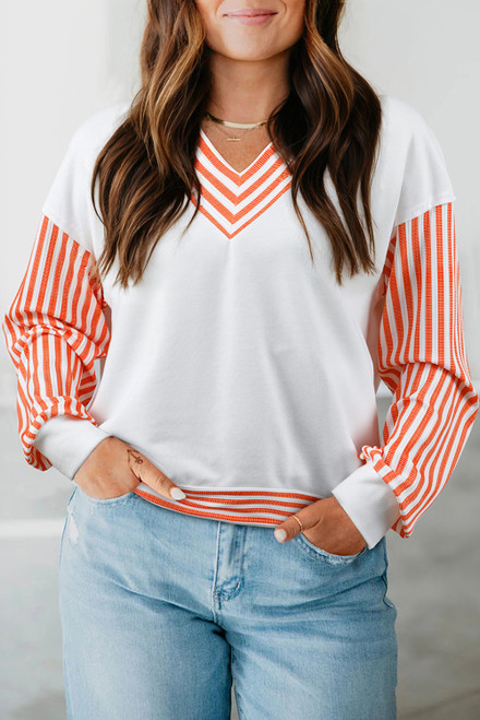 Orange Stripe  V Neck Drop Shoulder Patchwork Long Sleeve Top
