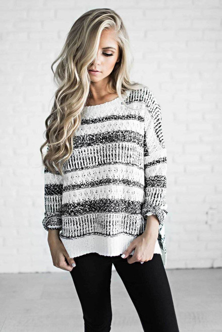 White Striped Pullover Knit Sweater