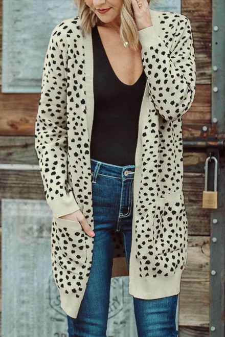 Apricot Open Front Dotted Print Knit Cardigan