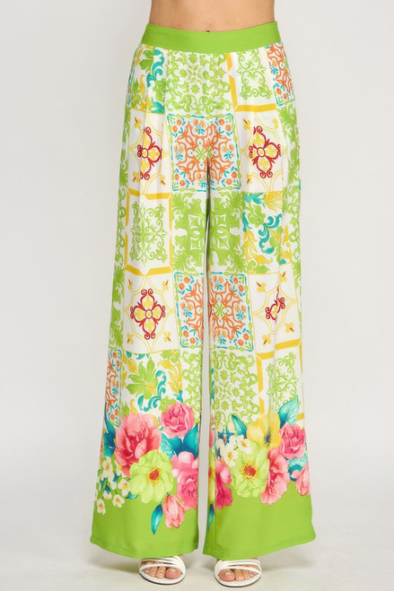 Printed Wide Leg Pants With Elastic Back Printed Wide Leg Pants With Elastic Back
