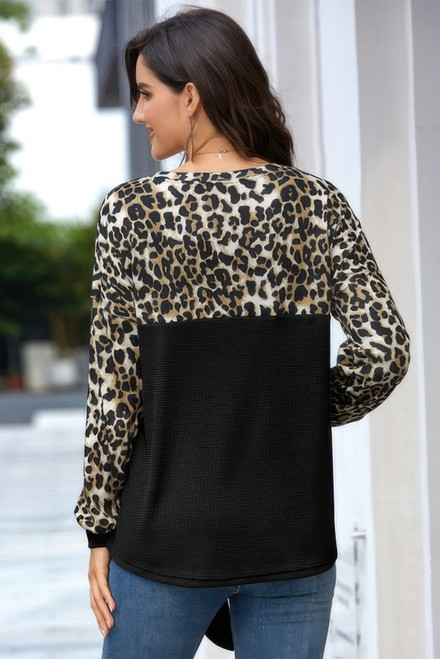 Leopard Stitching Bow Knit Crew Neck Loose Pullover