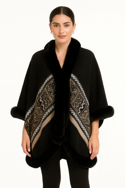 Black Geometric Border Faux Fur Trim Cape Black Geometric Border Faux Fur Trim Cape