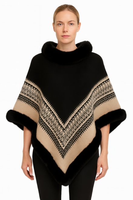 Chevron Trim Poncho With Faux Fur Collar Chevron Trim Poncho With Faux Fur Collar