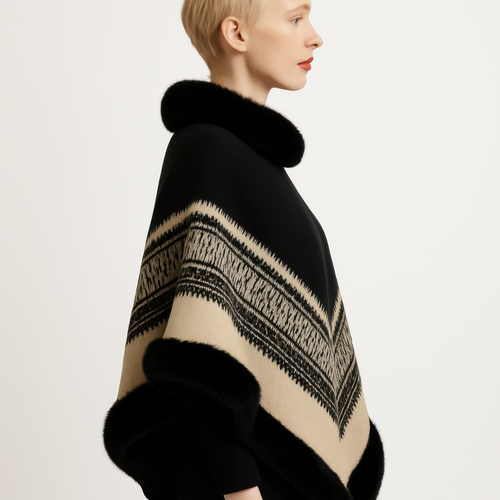 Chevron Trim Poncho With Faux Fur Collar Chevron Trim Poncho With Faux Fur Collar