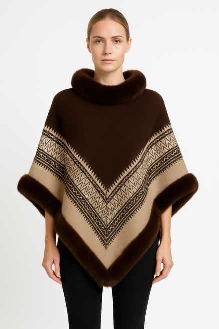 Chevron Trim Poncho With Faux Fur Collar Chevron Trim Poncho With Faux Fur Collar