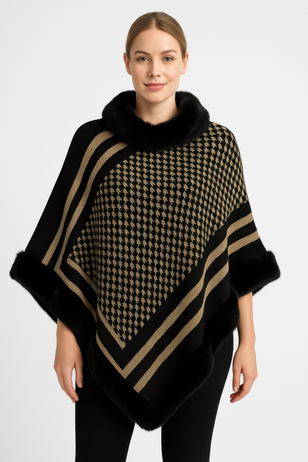 Patterned Knit Poncho With Faux Fur Trim Patterned Knit Poncho With Faux Fur Trim