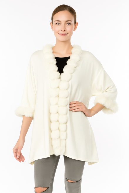 Open-front Cape With Pom Faux Fur Trim Open-front Cape With Pom Faux Fur Trim