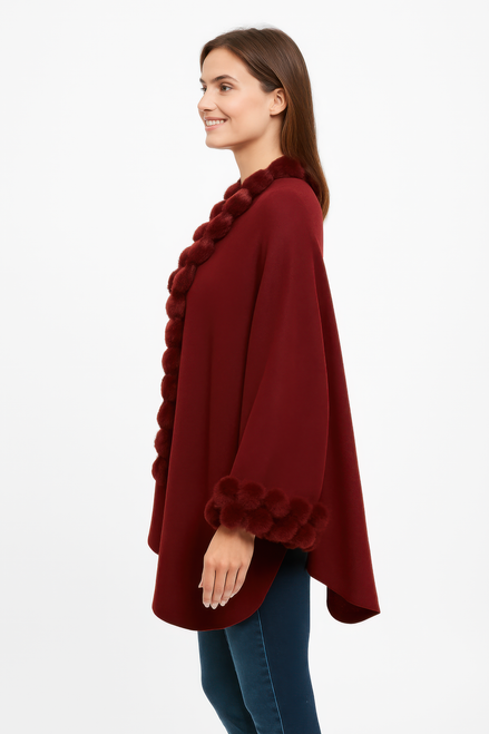 Open-front Cape With Pom Faux Fur Trim Open-front Cape With Pom Faux Fur Trim