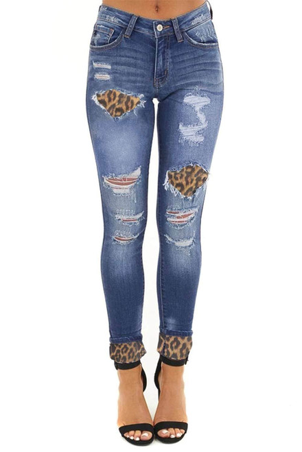 Blue Hollow Out Leopard Patchwork Distressed Jeans