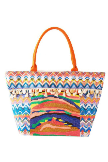 Boho Print Pom Pom Fringe Tote Bag