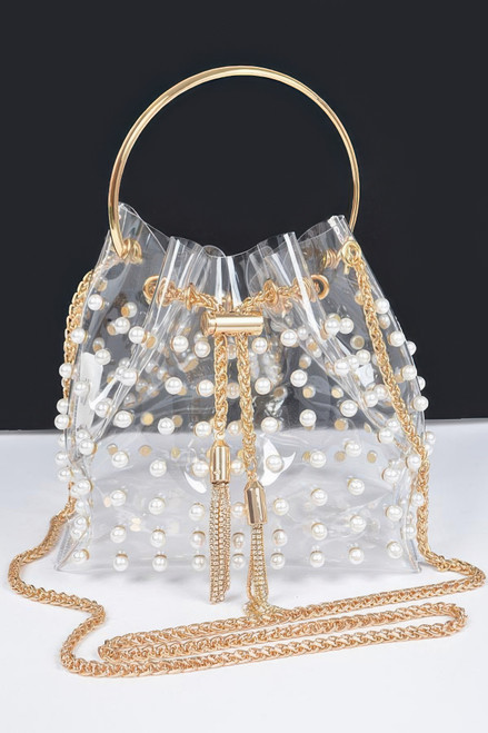 Clear Pearl Stud Bucket Bag W/chain Tassle