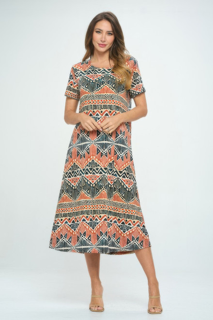 Bns Print Long Dress With Short Sleeve