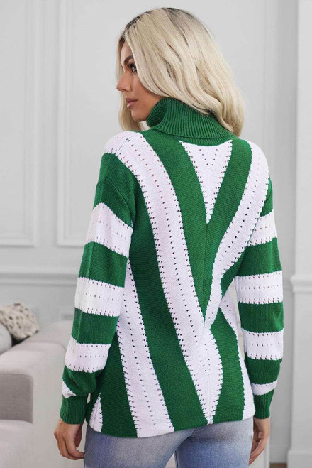 Green Striped Color Block Turtleneck Knitted Sweater