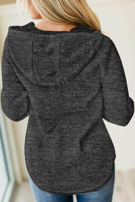 Black Heathered Print Button Snap Neck Pullover Hoodie