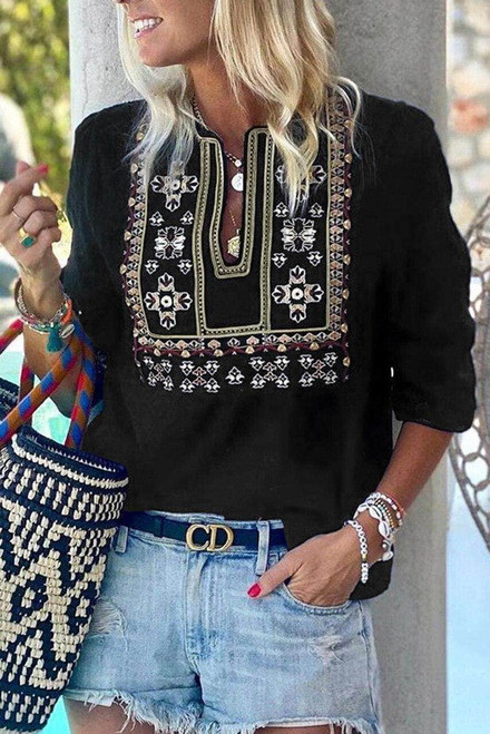 Black 3/4 Sleeves Embroidered Pattern Pleated Blouse Black 3/4 Sleeves Embroidered Pattern Pleated Blouse