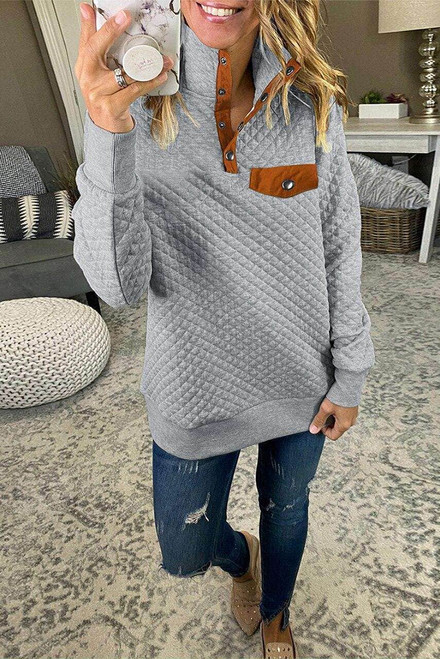 Gray Quilted Snaps Stand Neck Pullover Sweatshirt with Fake Front Pocket Gray Quilted Snaps Stand Neck Pullover Sweatshirt with Fake Front Pocket