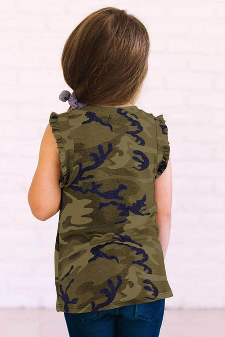 Green Camo Print Flounced Armholes Little Girls Tank