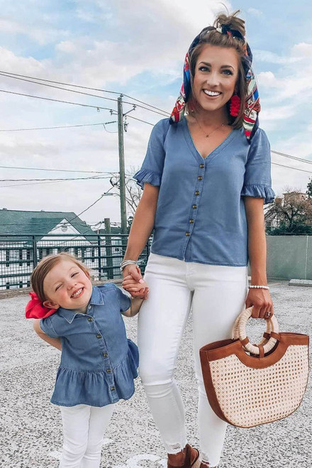 Family Matching Outfit V Neck Ruffled Sleeves Denim Top