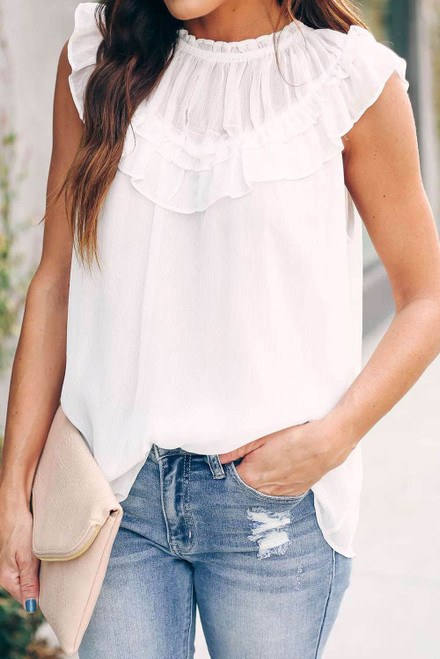 White Frilled Detail Tulle Tank Top