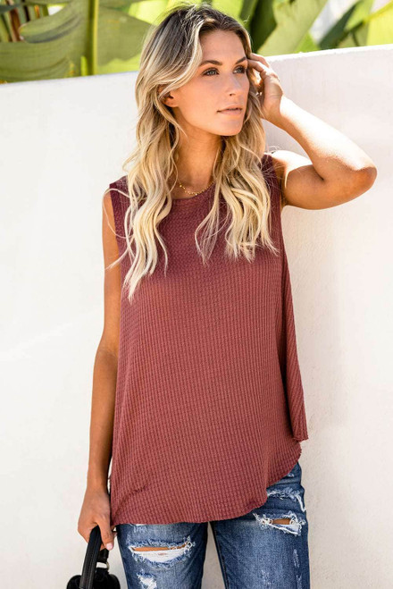 Rust Red Crew Neck Waffle Tank Top