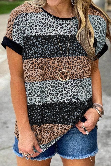 Black Leopard Striped Colorblock T-shirt Black Leopard Striped Colorblock T-shirt