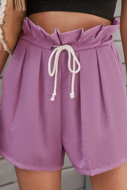 Purple Frilled Drawstring Waist High Rise Shorts