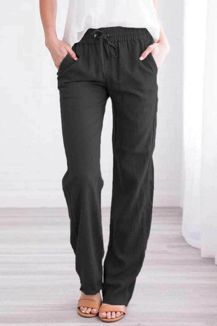 Black Drawstring Elastic Waist Pockets Long Straight Legs Pants