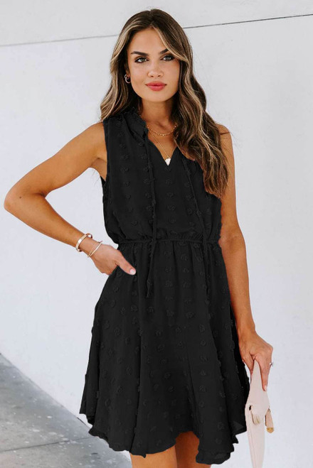 Black Split Neck Pom Pom Textured Flowy Mini Dress