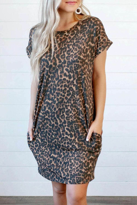 Leopard Short Sleeve Backless Pocketed Mini Dress Leopard Short Sleeve Backless Pocketed Mini Dress