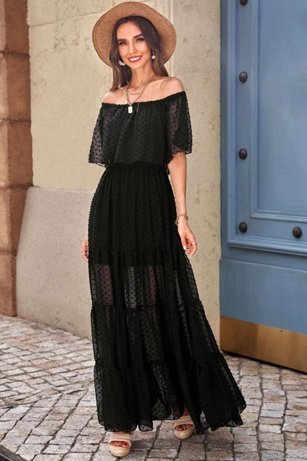 Black Off Shoulder Ruffle Swiss Dot Maxi Dress