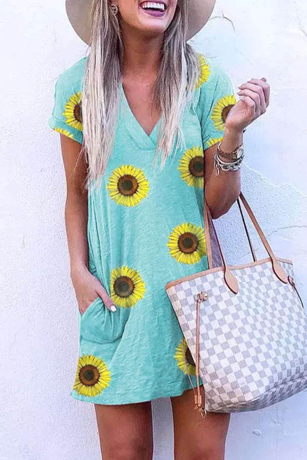 Short Sleeve V Neck Sunflower Print Mini Dress with Pocket