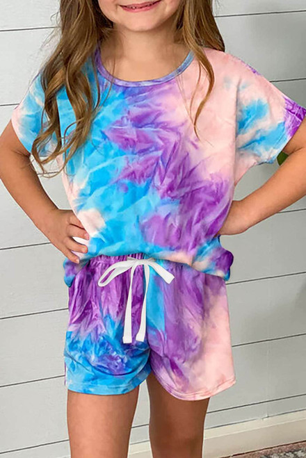 Purple Girl's Tie Dye T Shirt and Drawstring Shorts Set