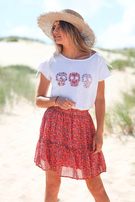 Red Floral Print Elastic Waist Skirt