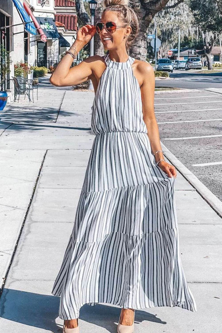 Halter Neck Sleeveless Cutout Tiered Striped Maxi Dress