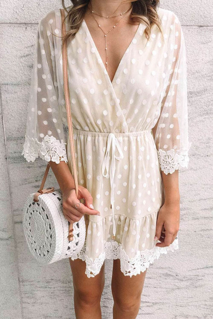 White Wrap V Neck Elastic Waist Polka Dot Mesh Lace Splicing Dress