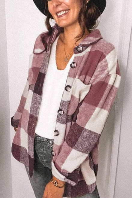 Plaid Color Block Buttoned Long Sleeve Jacket with Pocket Plaid Color Block Buttoned Long Sleeve Jacket with Pocket