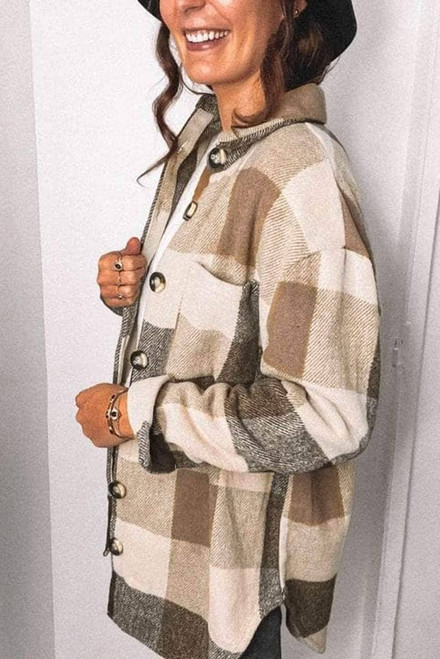 Khaki Plaid Color Block Buttoned Long Sleeve Jacket with Pocket Khaki Plaid Color Block Buttoned Long Sleeve Jacket with Pocket